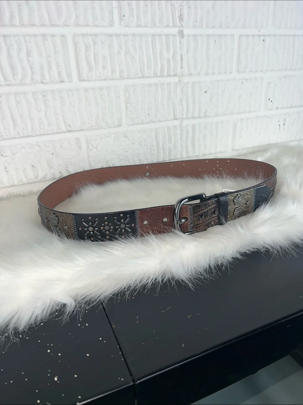 Fossil Vintage Midnight Patchwork Black Multi Belt Y2K Size Medium